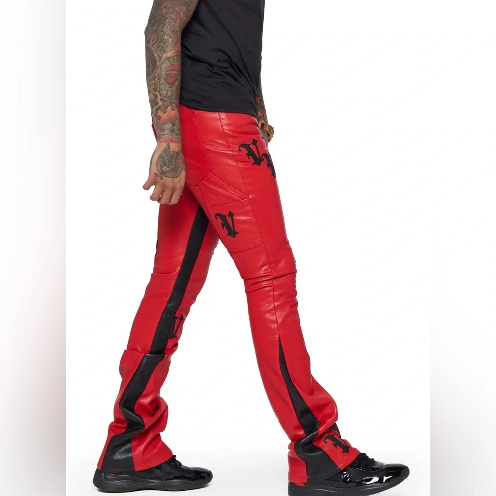 NWT MEN’S VALABASAS STACKED "ALI" RED BLACK LEATHER PANTS SIZE 30 - Picture 3 of 13